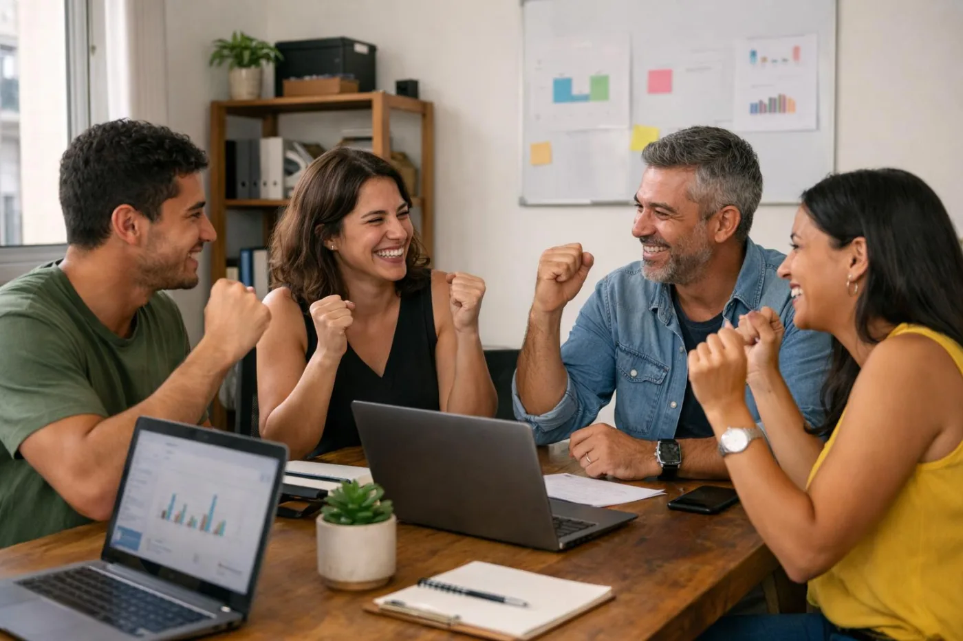 Equipe pequena comemorando uma venda em volta da mesa