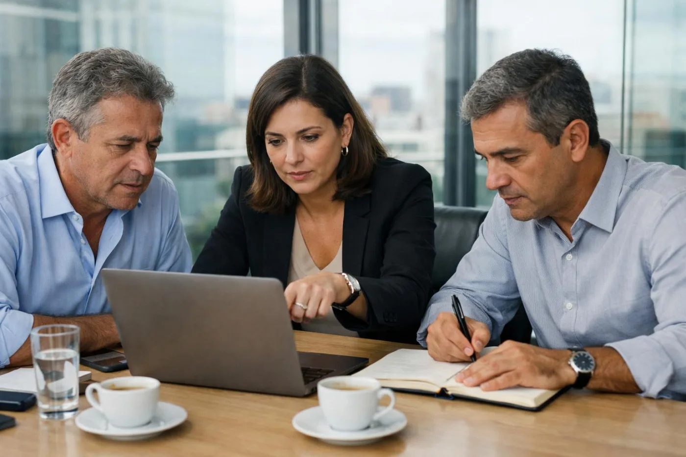 Gestores comparando sistemas de CRM em uma reunião