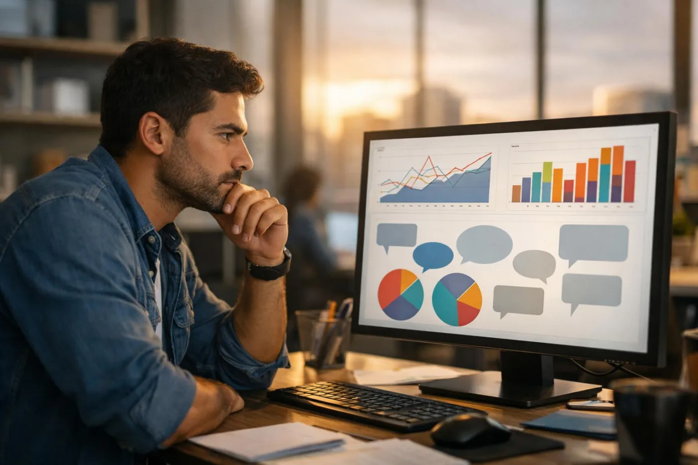 Vendedor acompanhando no computador as conversas organizadas com ajuda da IA