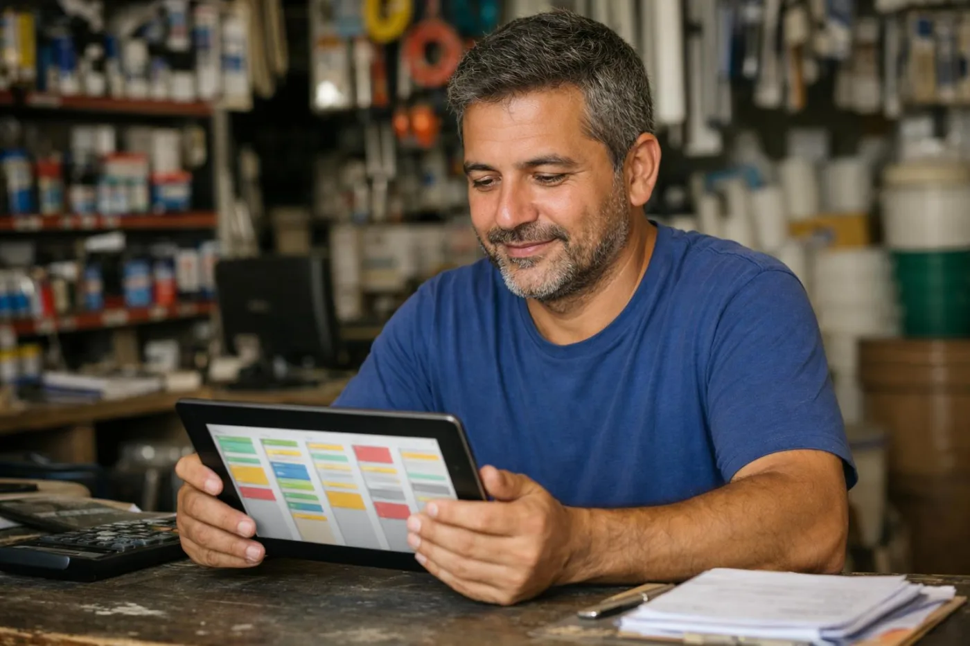 Dono de loja consultando no tablet os clientes organizados em etapas