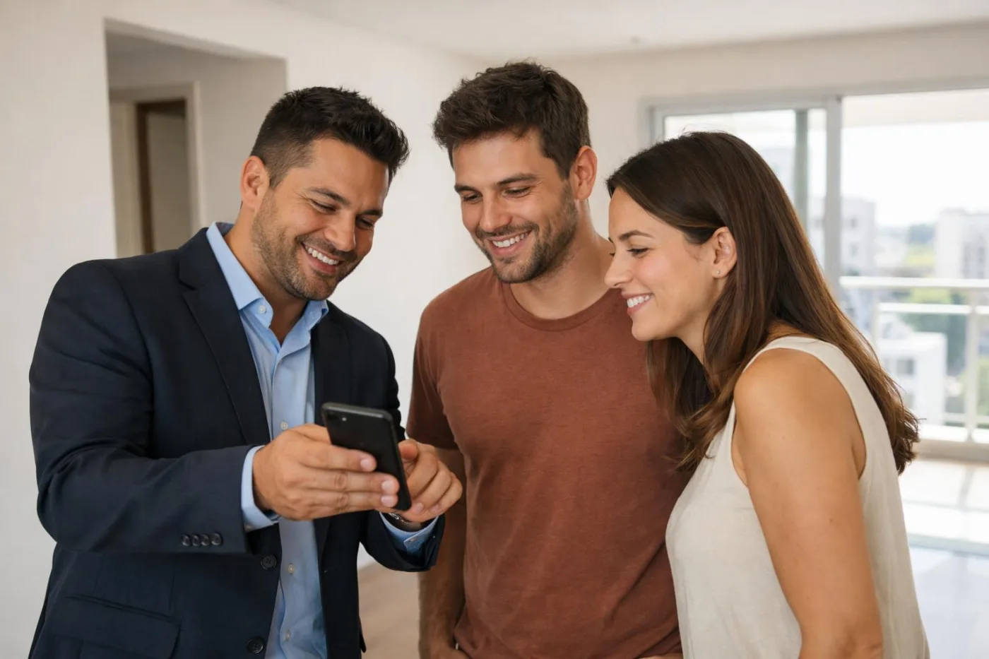Corretor de imóveis atendendo um casal com o celular na mão