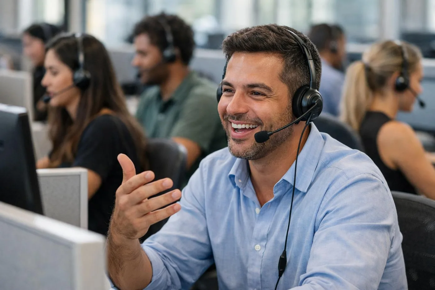 Equipe de vendas por telefone com fones de ouvido em um escritório claro
