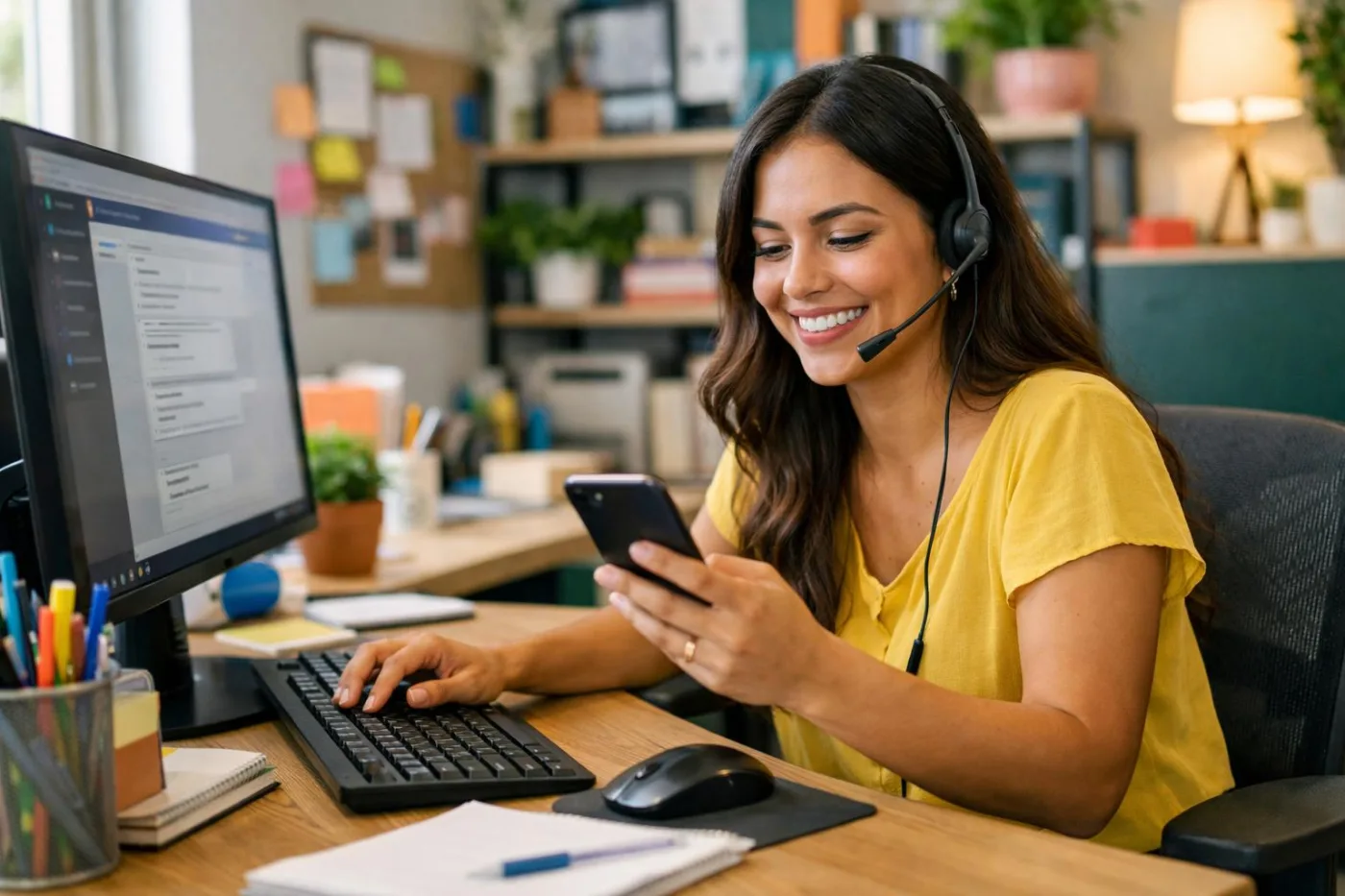 Atendente respondendo clientes pelo WhatsApp no celular e no computador